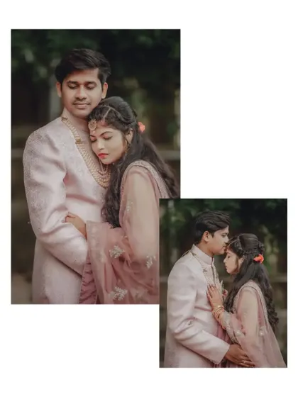 A collage of romantic portraits of a couple in matching pink attire, perfect for their engagement announcement.