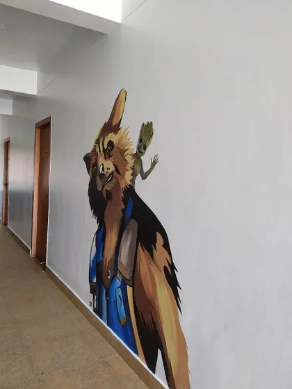 Another view of the finished Rocket and Groot piece. We can turn any plain wall into a conversation starter.