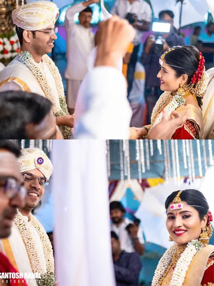 A collage capturing the joyful exchange of looks between the bride and groom during the wedding rituals.