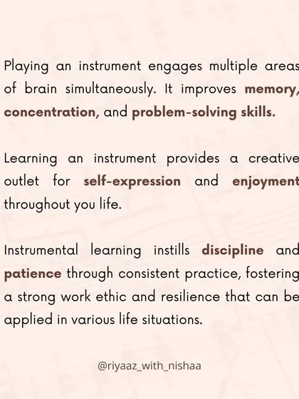 An infographic explaining why you should invest in learning musical instruments. It improves memory, provides a creative outlet, and instills discipline.