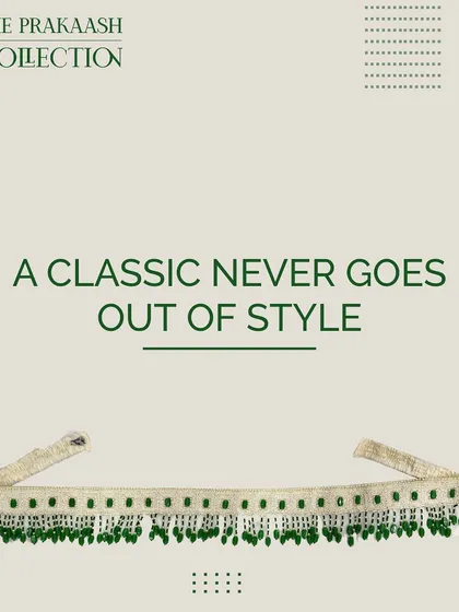 A classic beaded belt with green hanging beads. This image shows how a simple, elegant belt can be a timeless addition to your wardrobe, suitable for both ethnic and western outfits.