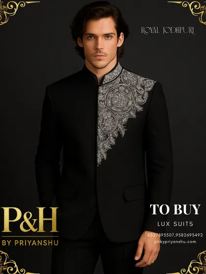 A portrait shot that captures the confident and commanding presence this black and silver Jodhpuri suit imparts.