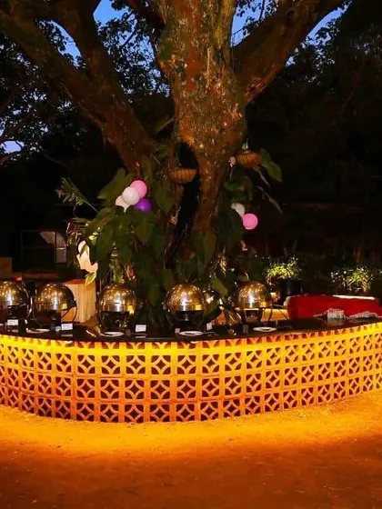 The tree buffet counter illuminated at night, creating a magical and practical centerpiece for your event's food service.