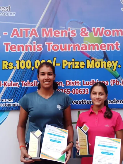 Our player Kashish Bhatia and her partner showcasing their winning form after securing the gold medal in the AITA 1 Lac Women's Doubles event in Jassowal.