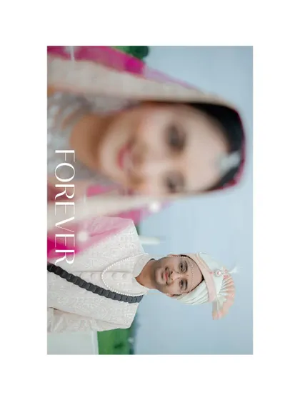 An artistic and creative portrait with a shallow depth of field, focusing on the groom with the bride blurred in the foreground, symbolizing their journey to forever.