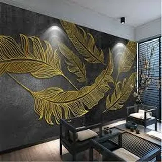 A luxurious 3D wallpaper with golden feathers on a dark, textured background. The play of light on the metallic feathers creates a dynamic and opulent effect, perfect for a high-end look.