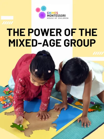 The power of the mixed-age group is immense. Here, two children of different ages work together on a geography puzzle, with the older child guiding the younger.