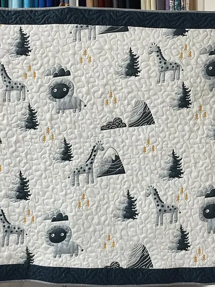 A beautiful baby-themed quilt with a subtle woodland animal pattern, including giraffes and lions.