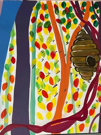 A beehive in the colourful jungle of the TGL mural. It symbolizes the collective effort and busy, productive energy of the organization.