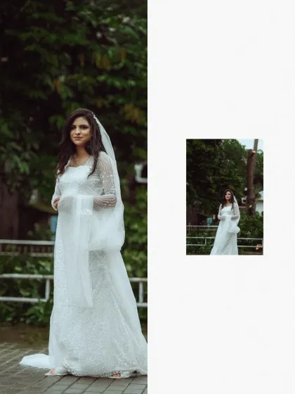 A full-length view of a stunning bridal gown, showcasing its intricate details. This collage highlights the beauty of the bride's chosen attire against a simple, elegant backdrop.