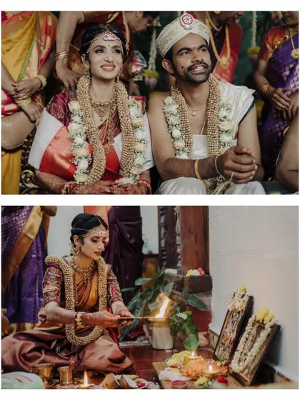 This collage captures key moments of a South Indian ceremony. It shows the couple seated together during the rites and the bride performing a ritual with the sacred fire, telling a story of tradition and togetherness.