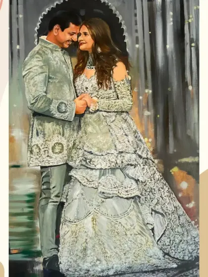 This A2 size oil painting was created by combining a couple's faces with a pose from a reference picture. It shows how we can create a grand, personalized portrait even without a perfect photo.