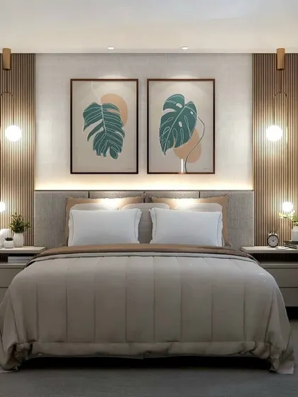 A frontal view of the bed with the monstera leaf art prints, a popular choice for modern, biophilic interior design.