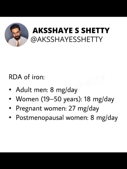 The Recommended Daily Allowance (RDA) for iron varies. Adult men need about 8 mg/day, while women aged 19-50 need 18 mg/day due to menstrual losses. Pregnant women need even more, at 27 mg/day.