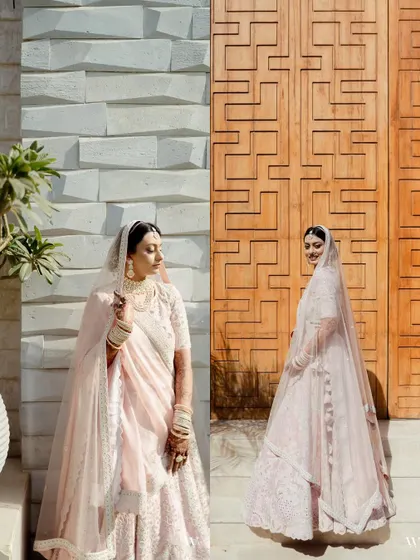 A beautiful diptych of the bride, Paridhi, in her elegant pink lehenga. These portraits showcase her grace and the soft, natural light of the wedding day.