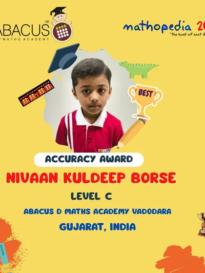An "Accuracy Award" for Nivaan Kuldeep Borse from Vadodara, recognizing his flawless performance.