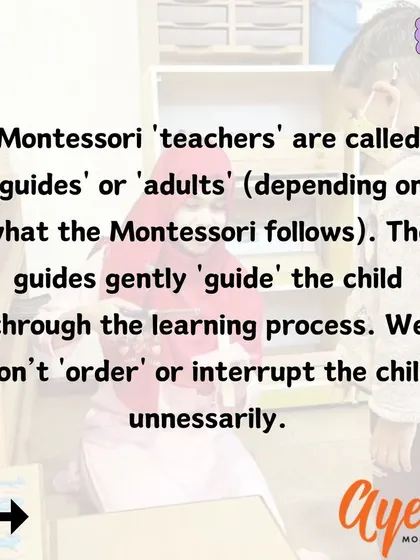 A core part of my training is understanding why we are called 'guides'. We don't order or instruct; we gently guide the child through their own learning process, respecting their focus and interrupting only when necessary.