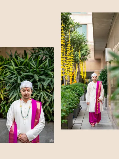 A collage of the Maharashtrian groom, looking calm and ready for his wedding. The traditional attire and serene expression create a handsome portrait.