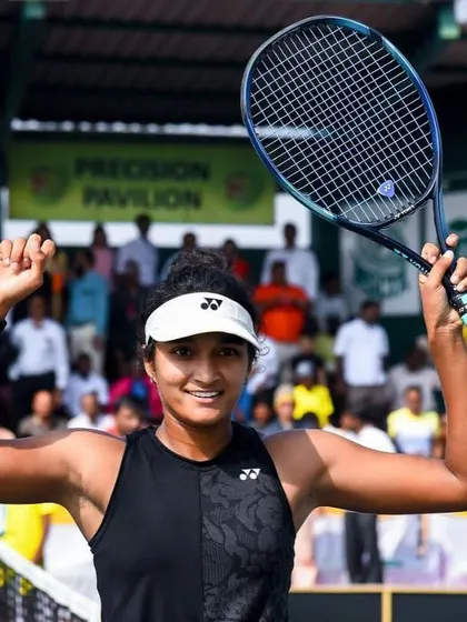Celebrating my win at the ITF W25 Solapur tournament. This was my third pro singles title and a big step in my career, especially as it included my first win against a top 200 player.