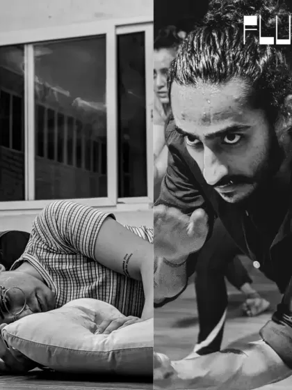 A black and white diptych capturing moments of rest and intense action, reflecting the dynamic range of our dance productions.