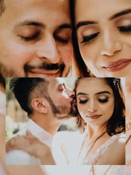 A collage of tender moments from a post-wedding get-together, celebrating a love that stood the test of time and distance.