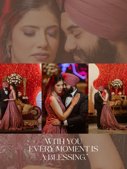 A collage that blends intimate close-ups with wider shots of the couple's embrace. It tells a story of love and blessing, capturing the essence of their engagement.