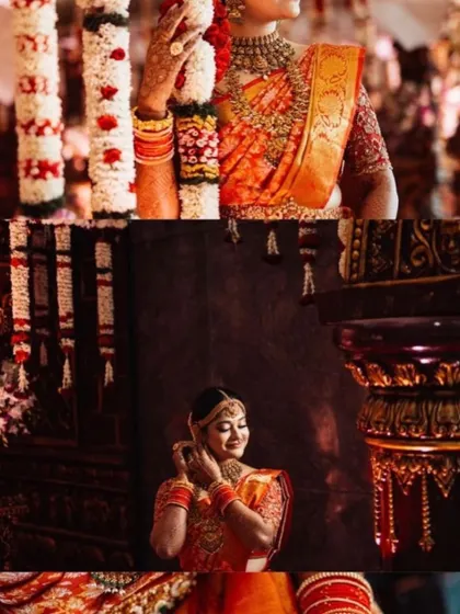 A collage capturing different moments of our bride in her magnificent orange and red Kanjeevaram saree during her wedding ceremony.