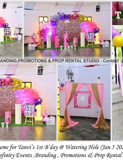 A glamorous Barbie theme for a first birthday at the Watering Hole, featuring a rose gold sequin wall and a vibrant balloon garland.