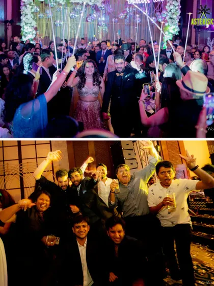 The grand entrance and the after-party. We plan for every moment, from the couple's stunning entry with sparklers to the high-energy celebration with friends that follows.