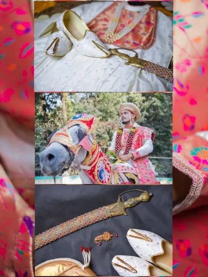 A collage showcasing the groom's royal attire, including his grand entrance on a horse and details of his accessories.