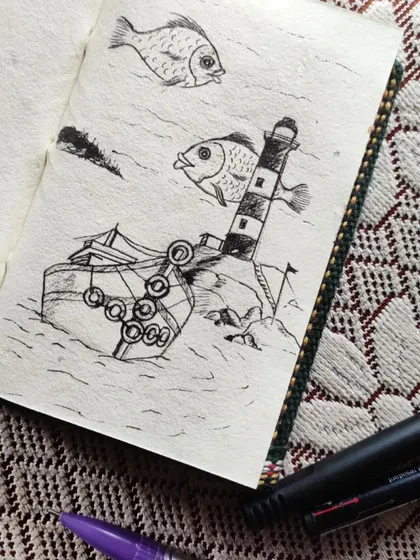 A pen sketch from a recent trip to Udupi, capturing elements of the coast like a lighthouse, a fishing boat, and even some flying fish for a touch of whimsy.