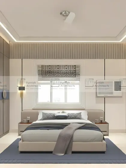 A bedroom that balances modern design with practical storage. The floor-to-ceiling wardrobe features clean, minimalist lines, and the bed is set against a feature wall with subtle vertical grooves.
