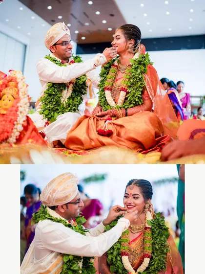 Playful moments between the couple during their South Indian wedding ceremony. We focus on capturing the fun and teasing that happens amidst the formal rituals.