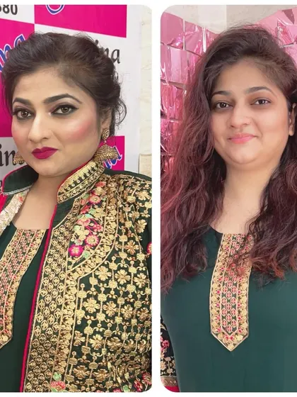 A side-by-side before and after for a party guest. I focused on creating dramatic eyes and a bold lip to match her festive attire.