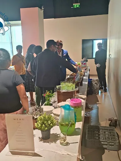 Another view of the catering setup for the Netflix shoot, showing the menu and fresh welcome drinks ready for the cast and crew.