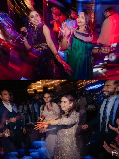 A collage of guests and the bride having a blast on the dance floor, captured with creative light trails to show the motion and energy.