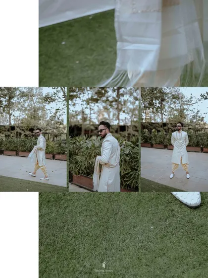 A creative collage showing details of the groom's attire and his confident walk.