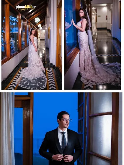 A collage of individual portraits of the bride and groom, showcasing their elegant wedding attire in a series of stylishly lit shots.