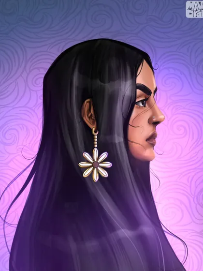 A close-up of my 'Vismaya' portrait. This view lets you see the details in the hair, the painterly style of the skin, and the texture in the background.