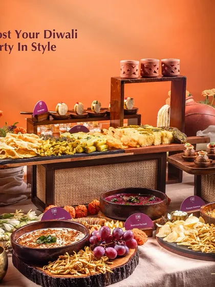 Host your Diwali party in style with our Indian grazing table. This beautiful spread is a feast for the eyes and the palate, featuring a mix of traditional snacks and modern bites perfect for a festive get-together.