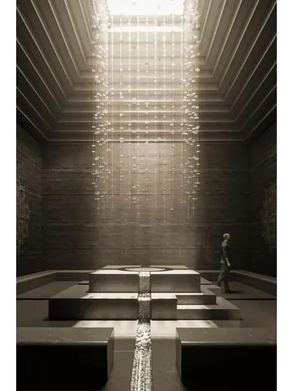 A conceptual rendering of a contemplative space within the Piramal School of Leadership. A cascade of light descends from a skylight, illuminating a central platform and creating a powerful, spiritual atmosphere.