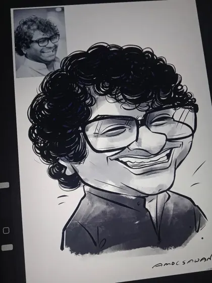 A digital caricature of Marathi comedian Kushal Badrike, with the reference photo visible. I aimed to capture his wide, infectious smile.