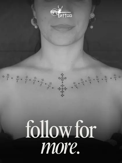 The finished "Trajva" inspired chest piece. This symmetrical design uses dot work and fine lines to create an ornamental tattoo that is both beautiful and rooted in Indian folk art traditions.