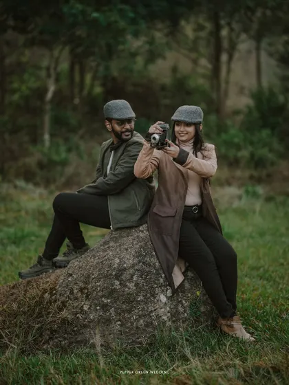 Ananthu and Sarga playfully posing during their vintage-themed shoot. I encourage couples to have fun and let their personalities shine through.