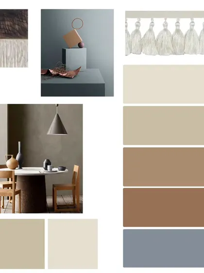 The elements of our "Warm Embrace" moodboard. We bring together wood textures, color palettes, and inspirational images to create a clear vision for your project before our artisans begin their work.