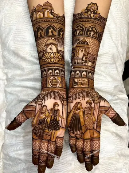 A narrative design showing different wedding scenes, including a depiction of the Dandiya Raas.