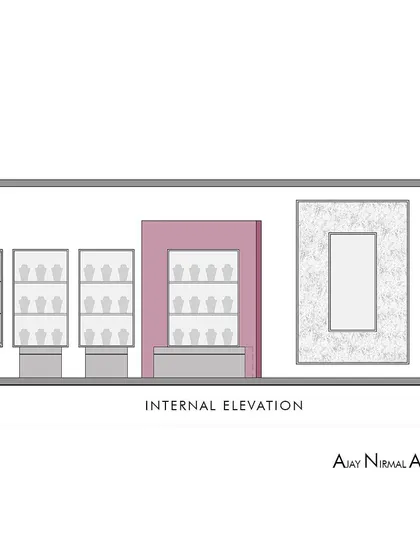 An internal elevation drawing for the Villandi '22 stall. This plan details the arrangement of the display cases and the feature wall with a large mirror, helping to visualize the interior experience.