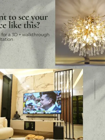Want to see your space like this? This collage showcases a real client's living room, featuring a statement chandelier and a sleek TV unit with a partition, brought to life from our 3D walkthroughs.