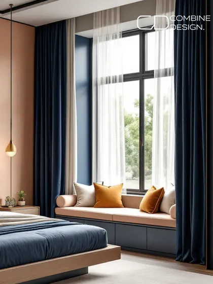 This image highlights the cozy window nook with built-in storage, a perfect spot for reading or enjoying a morning coffee. The deep blue curtains frame the view and tie into the room's color scheme.