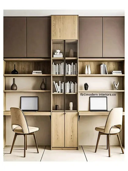 Study goals! This elegant setup for two features a central bookshelf dividing the space, giving each person their own dedicated work area with plenty of storage.